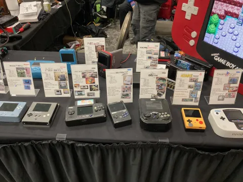an array of Sega and other consoles hacked to handheld size